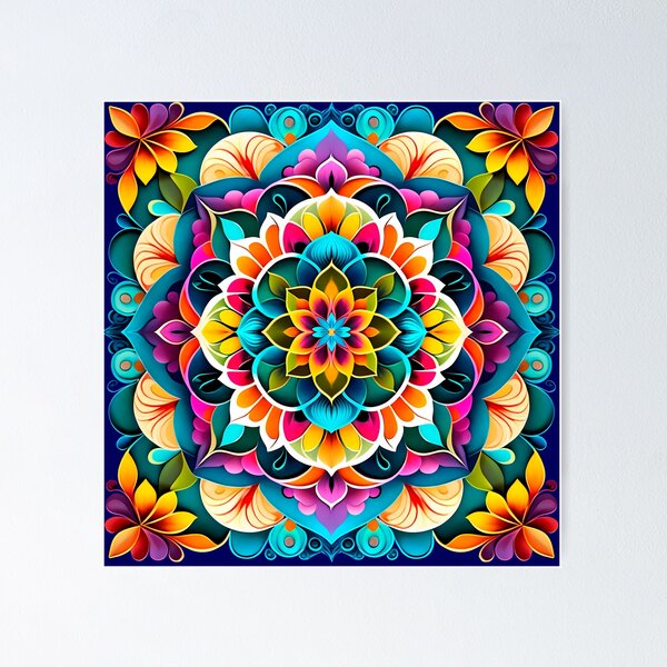 Aperçu de l'œuvre Mandala floral symétrique avec une variété de couleurs et de contrastes créée et vendue par Second Draft Visuals.