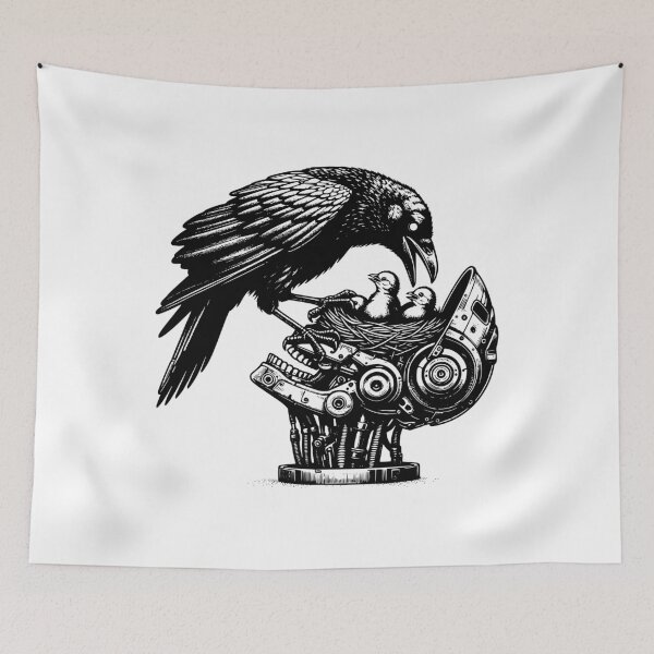 Item preview, Punk Rock Cyber Nature vs Tech Raven caring for nest of Chicks designed and sold by dreamsagellc.