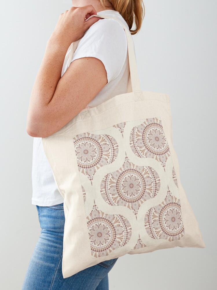 Tote Bag, Warm Neutrals Cafe Ombre Dot Mandala Mid Mod Ogee designed and sold by Triplicate Limited