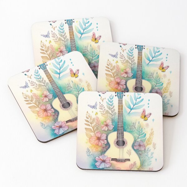 Item preview, Watercolor guitar with flowers - beautiful wildflower floral garden - pink and blue butterflies designed and sold by navitalidesign.