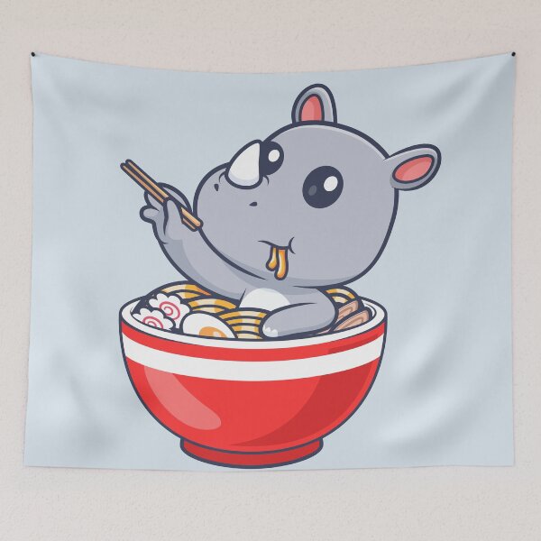 Item preview, Cute Rhino Eating Ramen Noodles with Chopsticks Cartoon Vector Icon - Playful Animal and Food Illustration designed and sold by hjian8219.