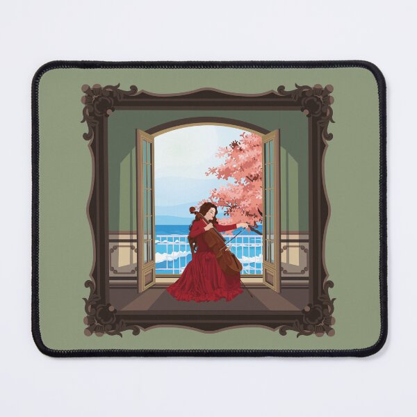 Item preview, A woman in red plays the cello opposite the balcony view designed and sold by Art-of-Rory.