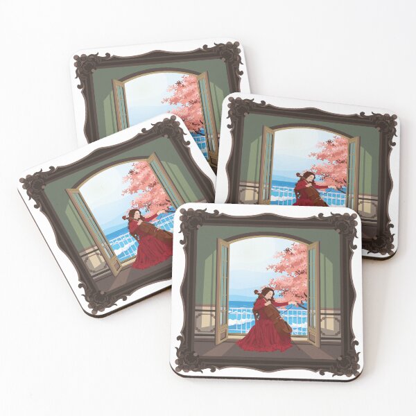 Item preview, A woman in red plays the cello opposite the balcony view designed and sold by Art-of-Rory.