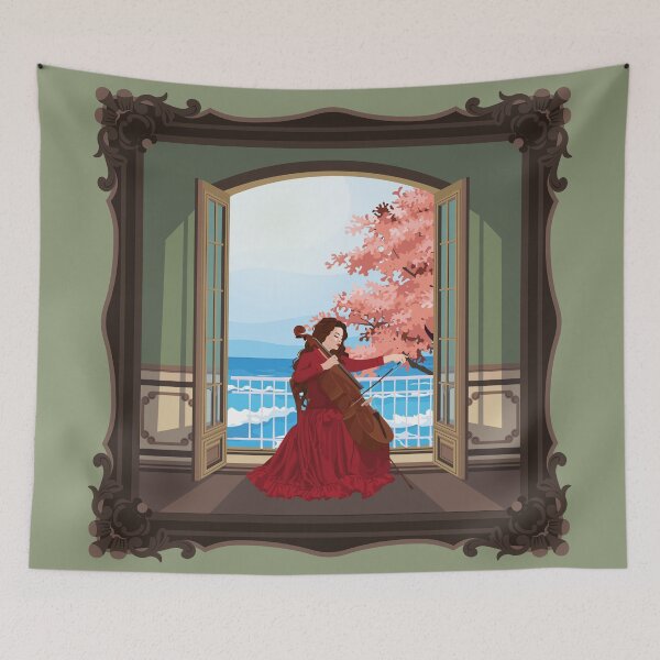 Item preview, A woman in red plays the cello opposite the balcony view designed and sold by Art-of-Rory.