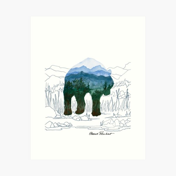 Watercolor Bear on Blue Line Mountain Art Print