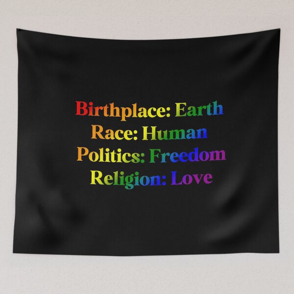 Item preview, LGBTQ Rainbow Pride Flag Colored: Birthplace-Earth, Race-Human, Politics-Freedom Religion-Love, Rainbow Design designed and sold by Travelslightly.