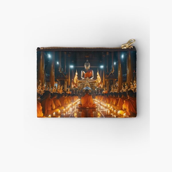 Item preview, Monks meditating in ornate temple with golden statue. designed and sold by Artessie.