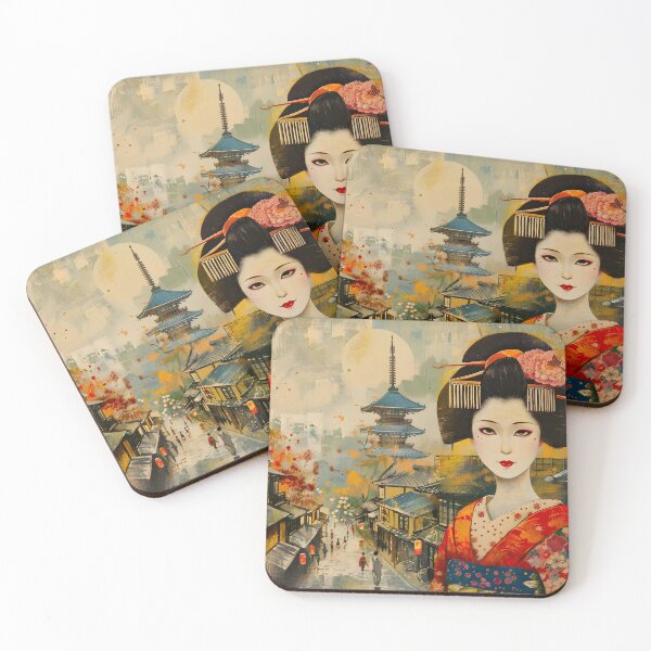 Item preview, Geisha amidst traditional Japanese street and pagoda. designed and sold by Artessie.