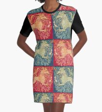MEDIEVAL BESTIARY Lion Like Beast in Red Blue Floral Collection Graphic T-Shirt Dress