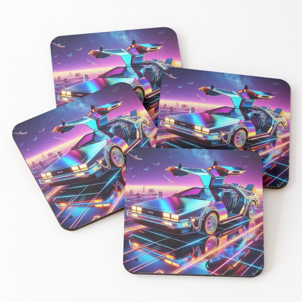Item preview, Delorean in an 80s nostalgic neon city designed and sold by BlueGnome.