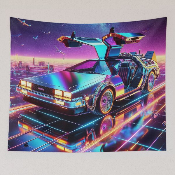 Item preview, Delorean in an 80s nostalgic neon city designed and sold by BlueGnome.