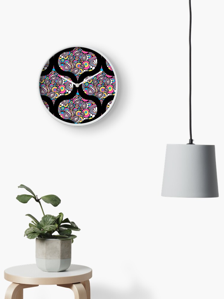 Clock, 80s Aerobics Rainbow Daisy Doodle Retro Ogee designed and sold by Triplicate Limited