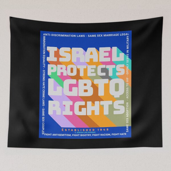 Item preview, SUJD0059 Jewish Designs Israel Protects LGBTQ Rights rainbow design shows how Israel protects LGBTQ Rights designed and sold by JewishDesigns.