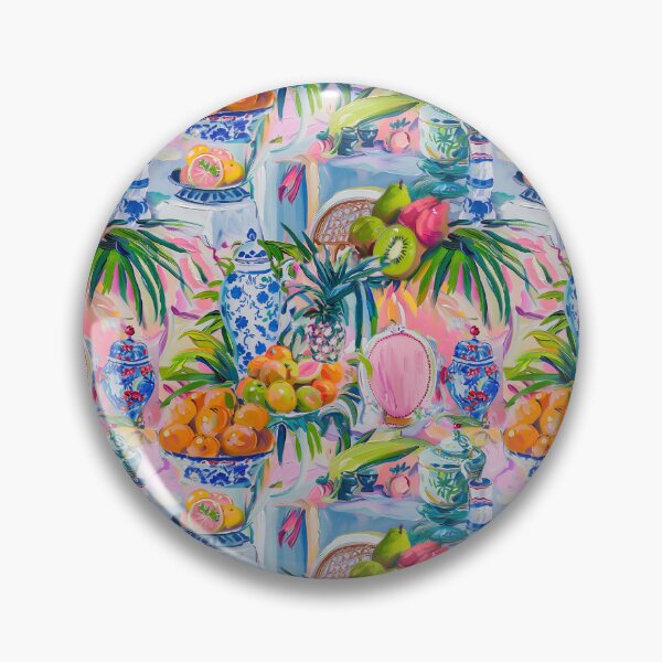 Item preview, Fruits, chinoiserie bowls, pink chairs and ginger jars oil painting designed and sold by SophieClimaArt.