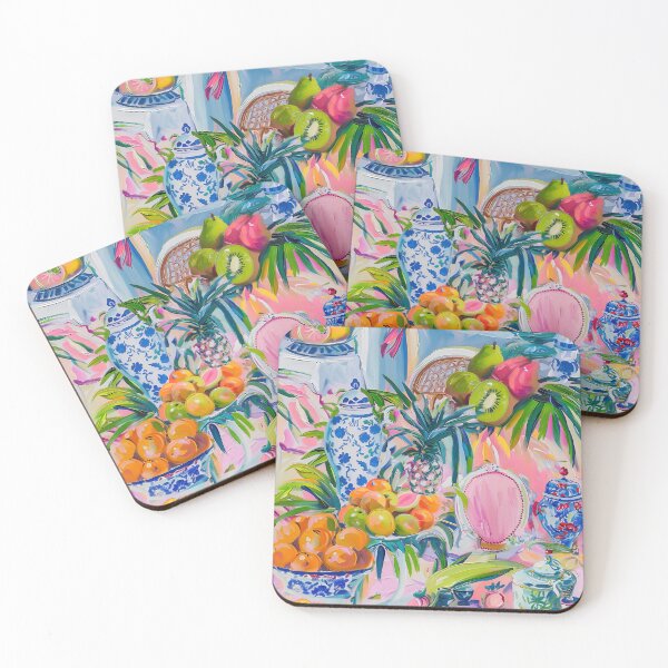 Item preview, Fruits, chinoiserie bowls, pink chairs and ginger jars oil painting designed and sold by SophieClimaArt.