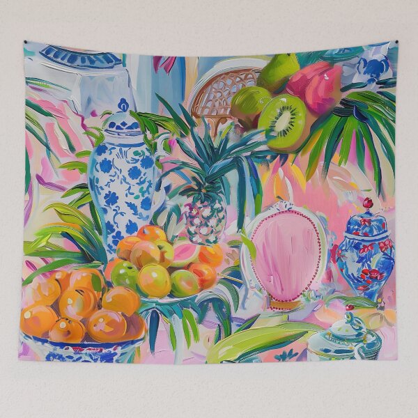 Item preview, Fruits, chinoiserie bowls, pink chairs and ginger jars oil painting designed and sold by SophieClimaArt.