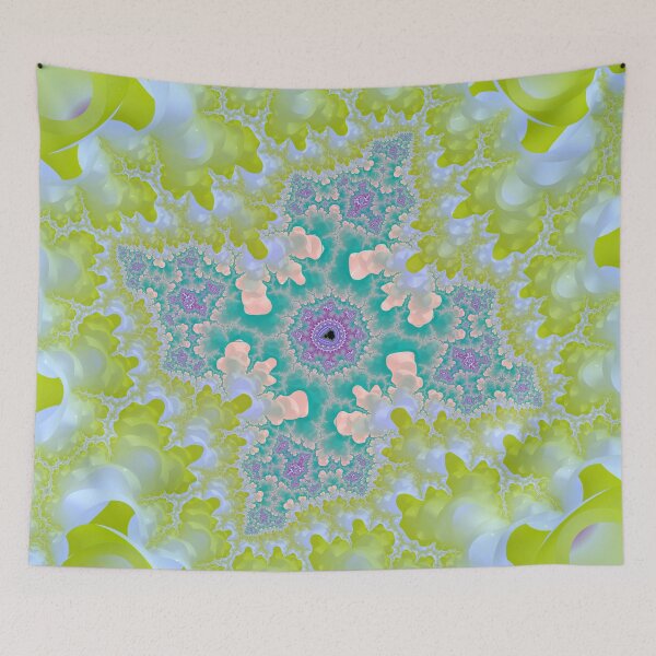 Item preview, Mandelbrot 107 - Yellow-white branching walls holding turquoise-purple star over red glow designed and sold by Draeger0.