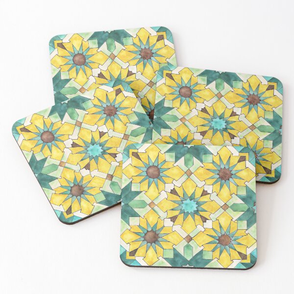 Item preview, Moroccan zellige pattern, hand drawn watercolor tiles yellow and turquoise designed and sold by patterncrow.