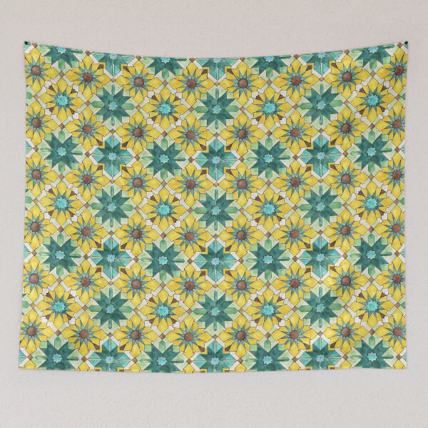 Item preview, Moroccan zellige pattern, hand drawn watercolor tiles yellow and turquoise designed and sold by patterncrow.