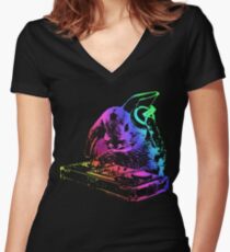 Bunny Neon DJ Women's Fitted V-Neck T-Shirt