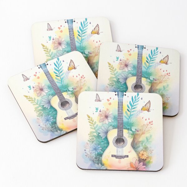 Item preview,  Watercolor guitar with flowers - beautiful wildflower floral garden - pink and blue butterflies 3 designed and sold by navitalidesign.