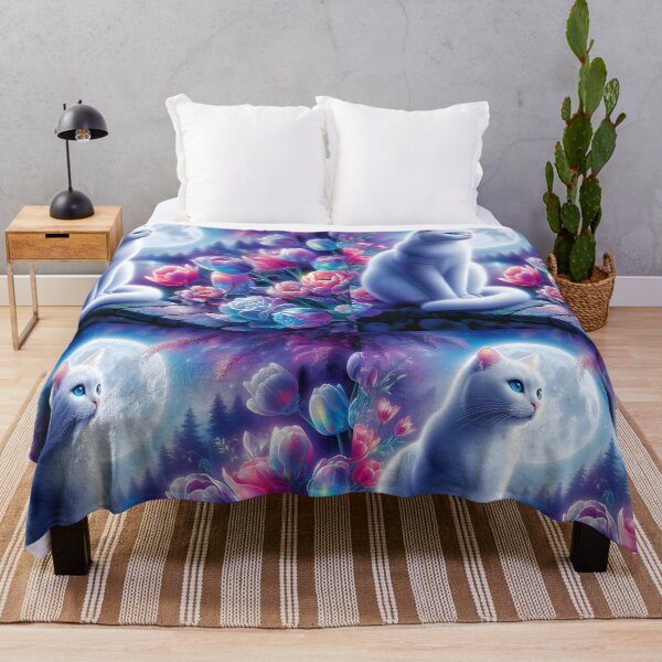 Item preview, White cat sitting under full moon among iridescent tulips at a lake designed and sold by EmeraldeaArt.