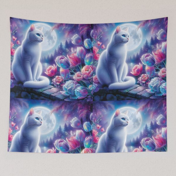 Item preview, White cat sitting under full moon among iridescent tulips at a lake designed and sold by EmeraldeaArt.