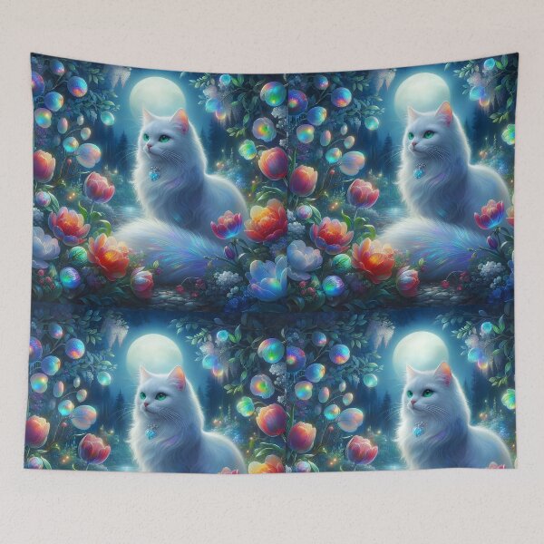 Item preview, Long Hair White cat sitting under full moon in iridescent tulip garden designed and sold by EmeraldeaArt.