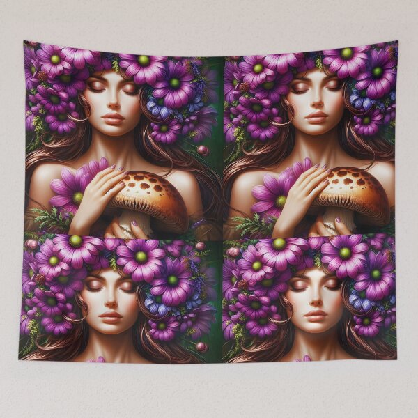Item preview, Purple floral hair woman with a brown mushroom in hand artwork portraiture designed and sold by EmeraldeaArt.