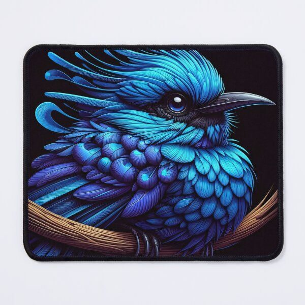 Item preview, A vibrant blue bird, its intricate feather patterns set against a black background designed and sold by homydesign.