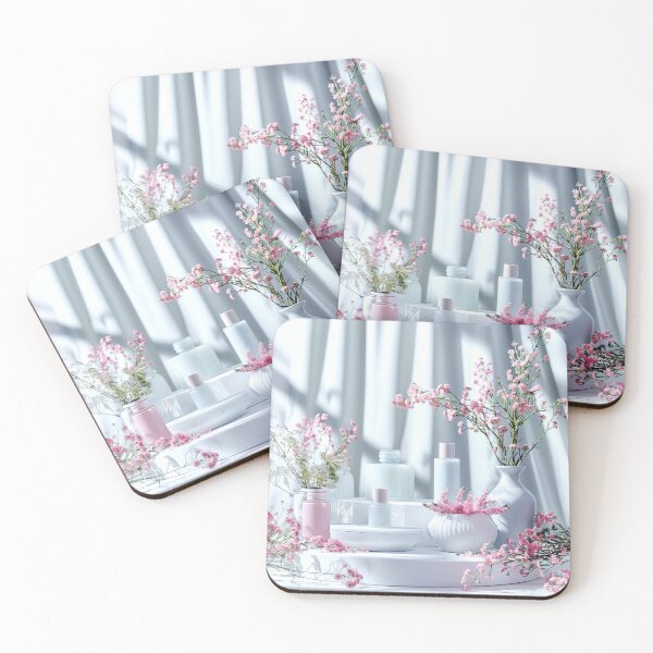 Item preview, Table Topped With Vases of Pink Flowers - Cosmetics Studio Scenes designed and sold by frequent-art.