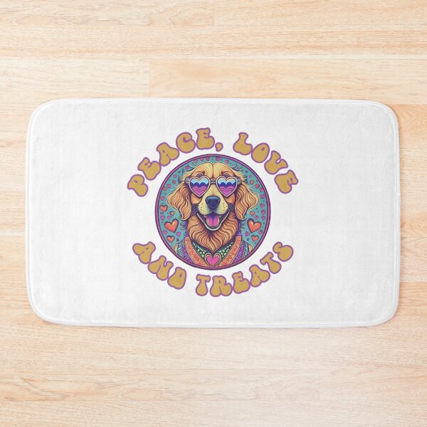 Item preview, hippie golden retriever dog wearing love heart sunglasses with words Peace, Love, Treats designed and sold by planetgolden.