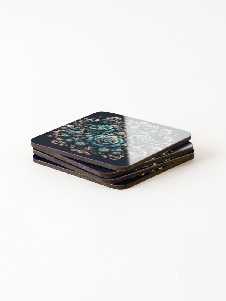 Thumbnail 4 of 5, Coasters (Set of 4), Midnight Blue & Turquoise Rococo With Roses designed and sold by DesignsByPrnces.