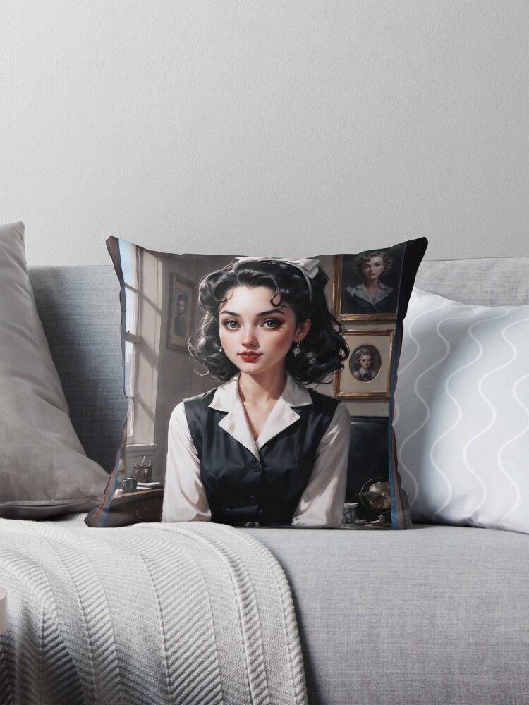 An Elegant Young Woman In A Vintage Office Setting AI Concept Art by Xzendor7 - With Adorable Large Eyes 4 An Elegant Young Woman In A Vintage Office Setting Alluring AI Concept Art by Xzendor7 Decorative Art Print Throw Pillow