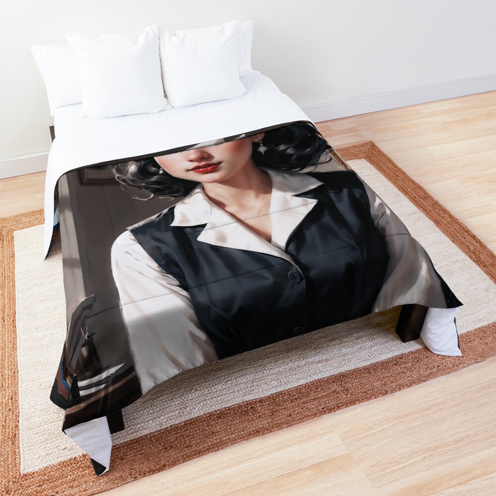 An Elegant Young Woman In A Vintage Office Setting AI Concept Art by Xzendor7 - With Adorable Large Eyes 3 An Elegant Young Woman In A Vintage Office Setting Alluring AI Concept Art by Xzendor7 Decorative Art Print Comforter
