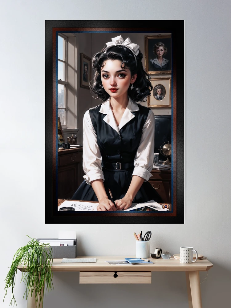 An Elegant Young Woman In A Vintage Office Setting AI Concept Art by Xzendor7 - With Adorable Large Eyes 2 An Elegant Young Woman In A Vintage Office Setting Alluring AI Concept Art by Xzendor7 Wall Decor Poster Art Print