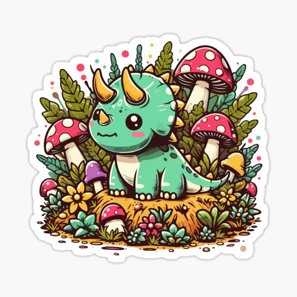 Artikel-Vorschau von Kawaii Dinosaurier Triceratops im Pilzgarten, designt und verkauft von TomFrontierArt.