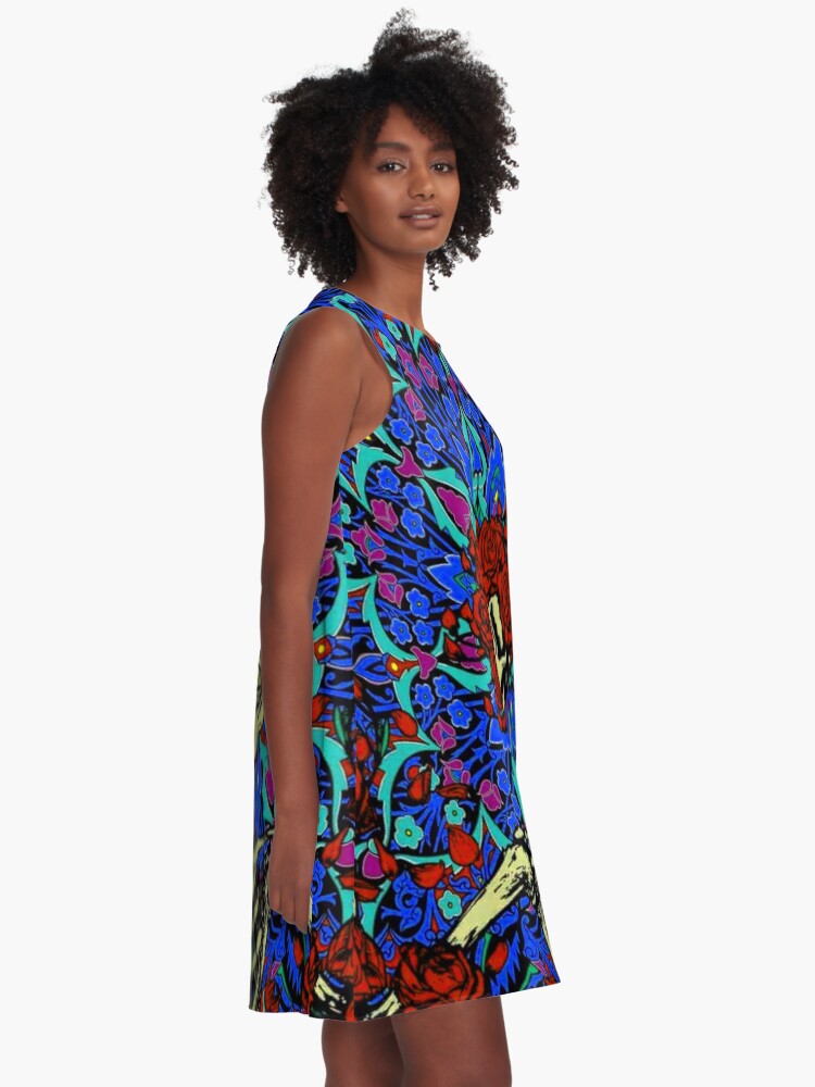 Thumbnail 2 of 4, A-Line Dress, Psychedelic Grateful day of the dead roses skeleton designed and sold by Kludoman.