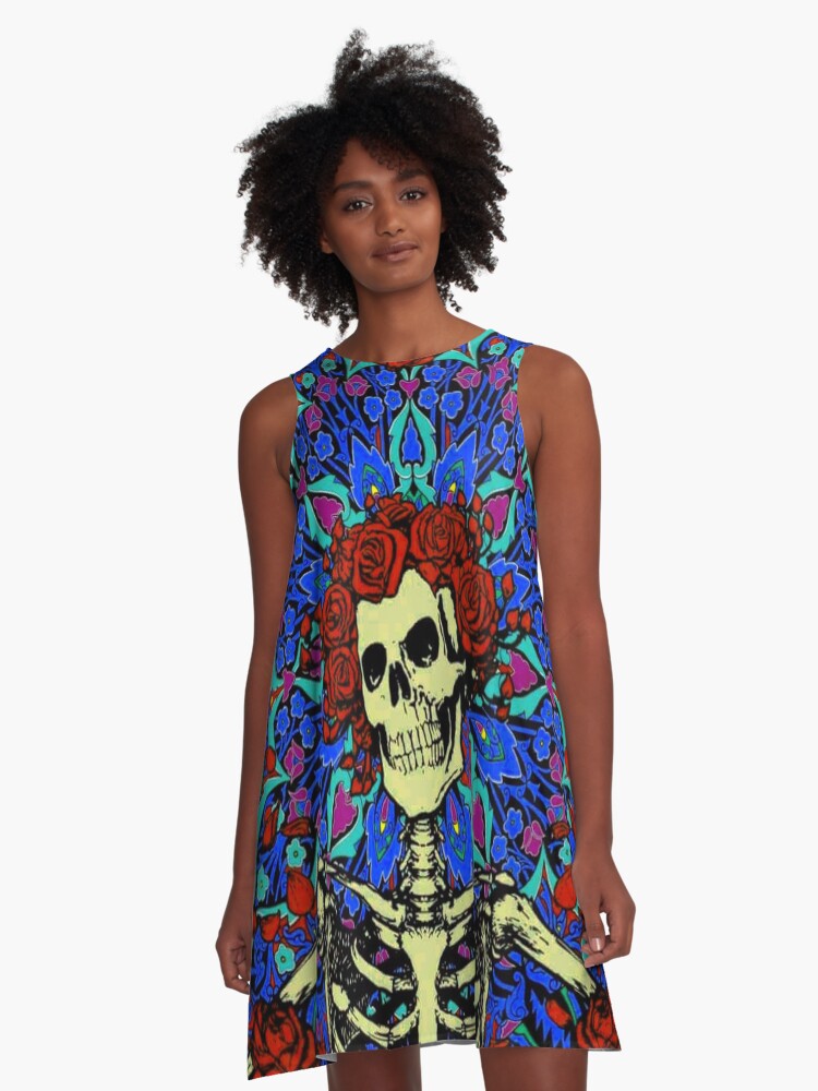 Thumbnail 1 of 4, A-Line Dress, Psychedelic Grateful day of the dead roses skeleton designed and sold by Kludoman.