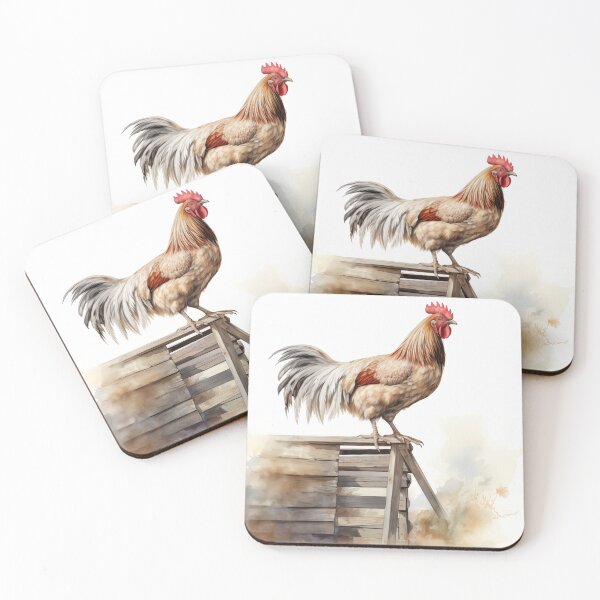 Item preview, Rooster standing on a coop watercolour illlustration designed and sold by Roxane Bay.