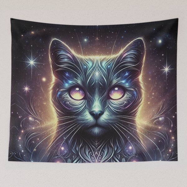 Aperçu de l'œuvre Chat Galactique Abstrait avec Yeux Lumineux créée et vendue par Marinaso.