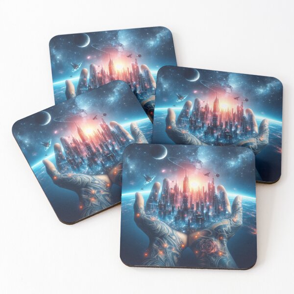 Item preview, A futuristic city cradled in tattooed hands beneath a starry sky designed and sold by homydesign.