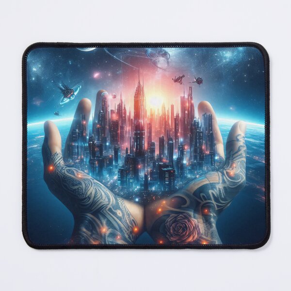 Item preview, A futuristic city cradled in tattooed hands beneath a starry sky designed and sold by homydesign.