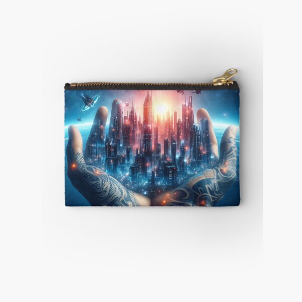 Item preview, A futuristic city cradled in tattooed hands beneath a starry sky designed and sold by homydesign.