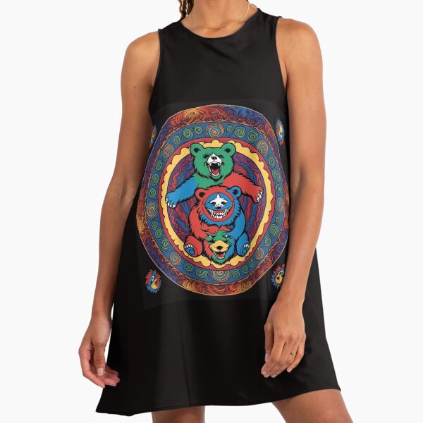 strapless open back dress SUPER7 REACTION GRATEFUL DEAD W3 DANCING BEARS STEALIE RED (GLOW IN TH