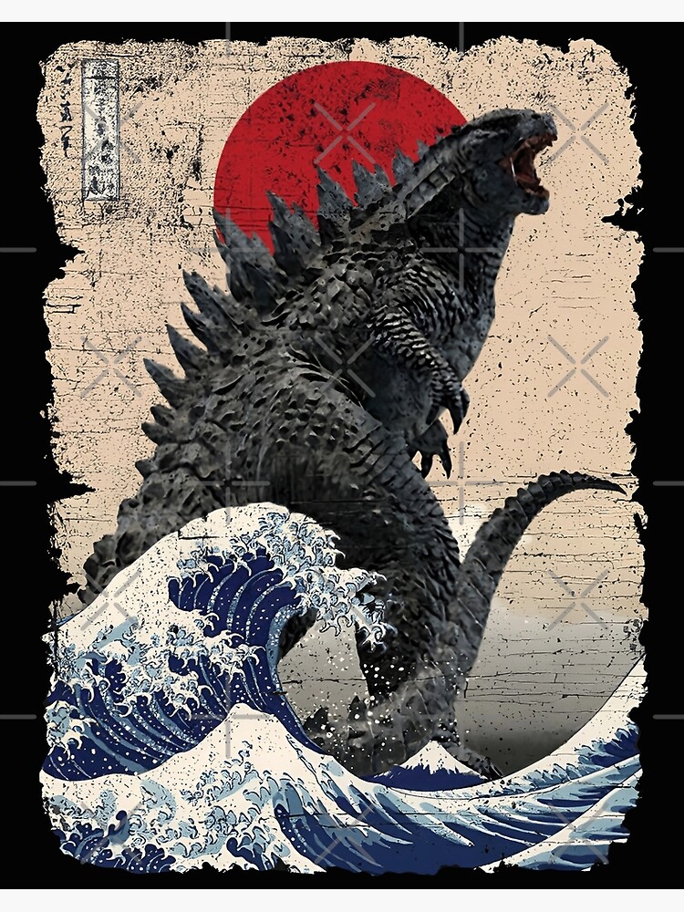 Godzilla Surfing The Great Wave by Hokusai Funny Parody