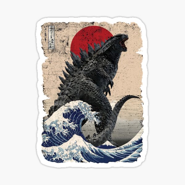 Godzilla Surfing The Great Wave by Hokusai Funny Parody Sticker