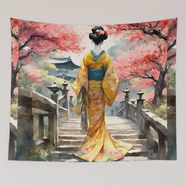 Item preview,  Beautiful abstract geisha, kimono , in sunrise with flowers designed and sold by Coolparrotgirl.