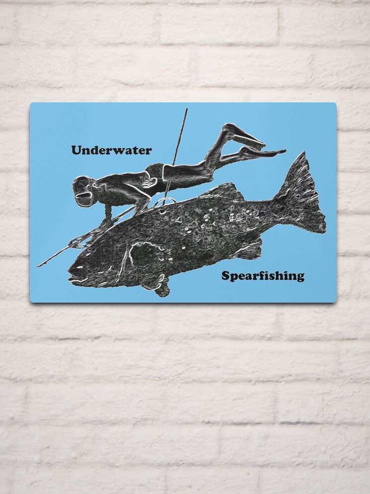 Vintage Underwater Freediving Spearfishing Diver with Fish URM | Metal Print