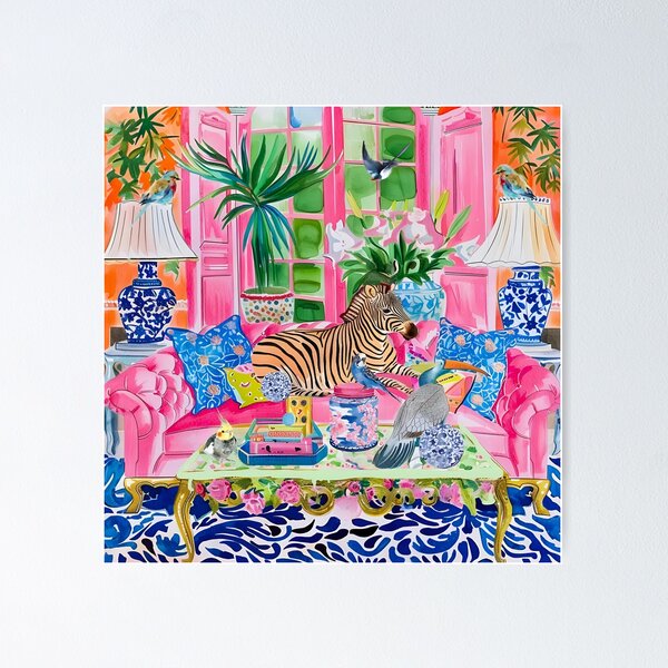 Item preview, Grandmillennial art, Zebra in orange chinoiserie interior designed and sold by SophieClimaArt.